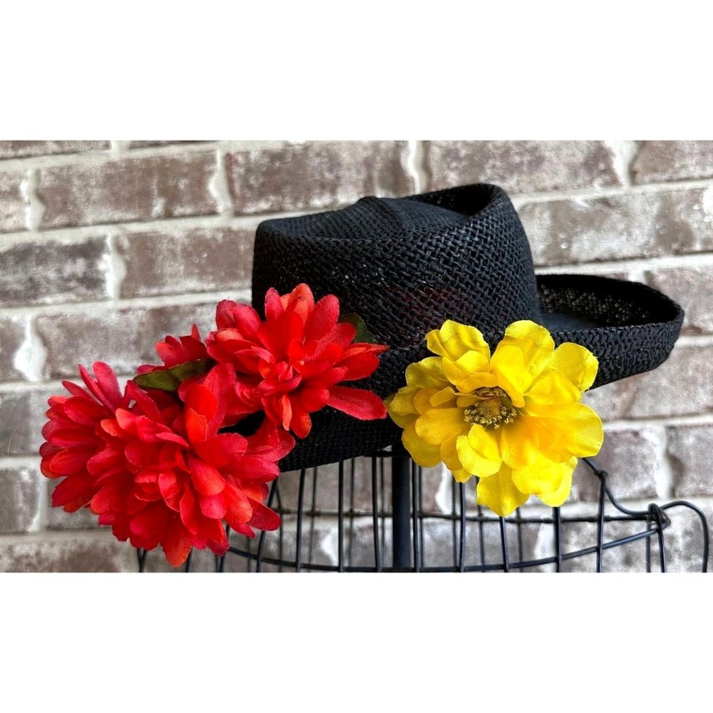 VTG The Scala Collection Black Straw Weave Hat Flower Embellishments Cru…